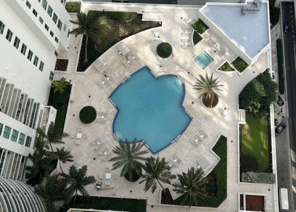 An aerial view of a serene blue pool, with a white pool deck, accentuated by palm trees.